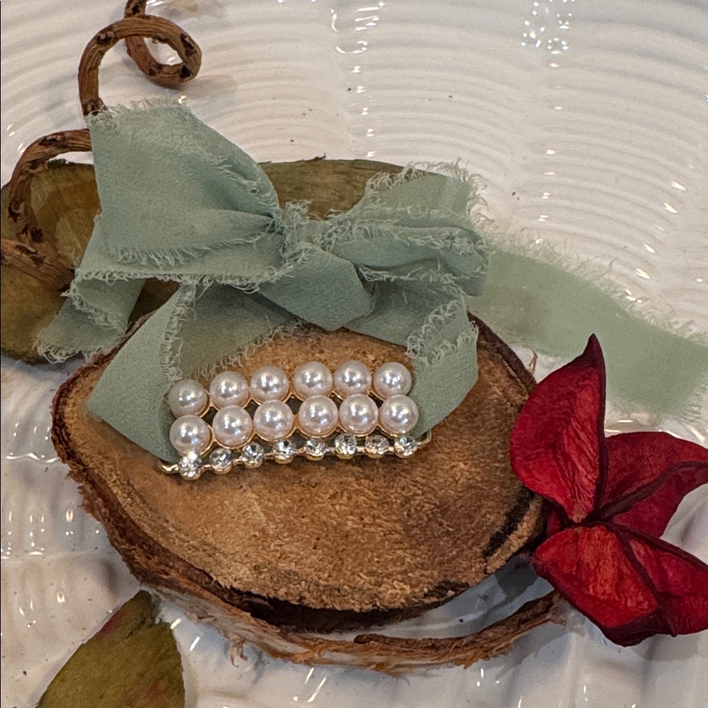 Beaded Crystal And Faux Pearl Ribbon Bracelet In Sage Green